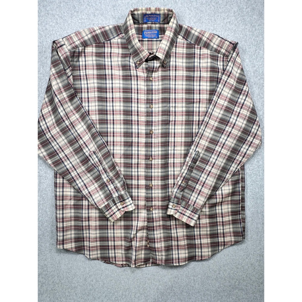 Sir Pendleton Mens XL Plaid Worsted Wool Button Down Shirt Tan Red Blue Long Slv